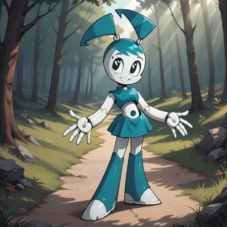 score_9, score_8, BREAK, solo, Jenny_Wakeman_(Teenage_Robot), white skin, black eyes, blue hair, screw bobbles, twintails, blue skirt, blue top, navel, screw navel, joints, robot girl, self portrait, smile, looking at viewer, outdoors, sunlight, shadows, evening lighting, natural lighting, forest, trees, grass, orange sky, sunset
