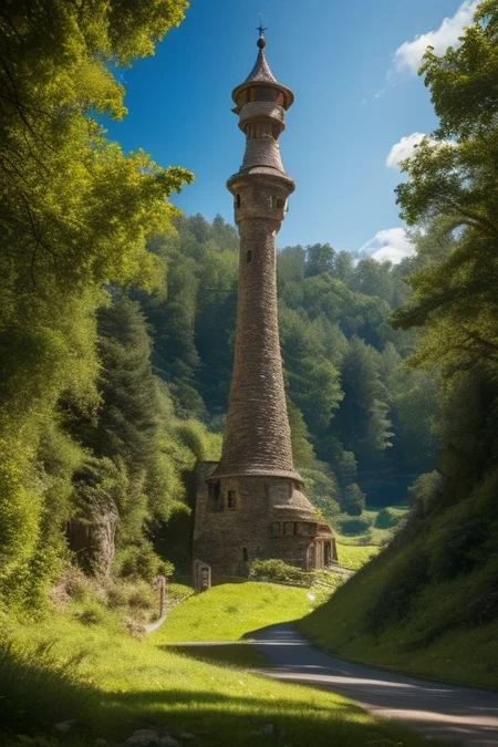 realistic analog photo, award winning photo, stone witow, no humans, scenery, blue sky, road, nature, outdoors, RAW, highres, 8k, uhd, High Dynamic Range, tonemapping, crisp details, portcullis,