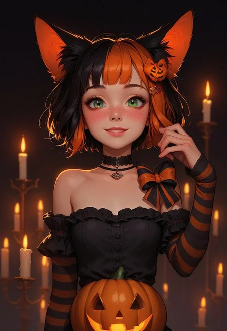 score_9, score_8_up, score_7_up, score_6_up,
1girl, 25 years old, perfect face, cute, petite, (close view), close-up,
multicolored hair, black hair, orange hair, short hair, orange hair bow, pumpkin hair ornament,
fox ears, freckles,
green eyes,
black choker, necklace,
halloween costume, striped clothes, orange dress, black dress, frilled dress, bare shoulders, short sleeves, arm warmers, arm up,
halloween, candles,
blush, shy smile,
portrait, face focus, detailed face,