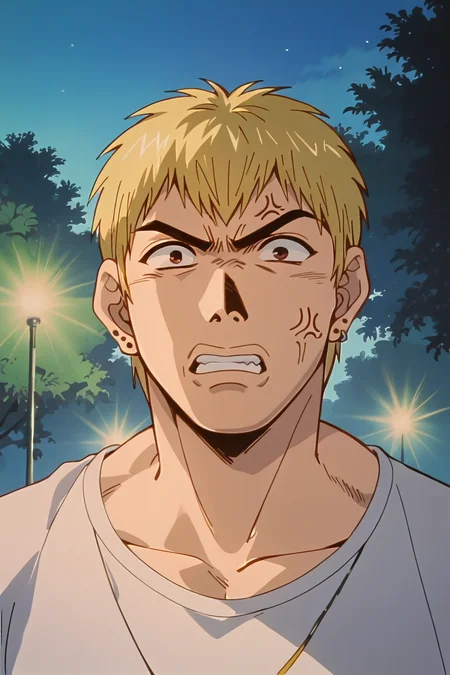 score_9, score_8_up, score_7_up, source_anime BREAK Ekiti Onizuka, muscular, blonde hair, brown eyes, short hair, ear piercing, t-shir, cargo pants, <lora:Ekiti_OnizukaSDXL:1>, angry, meme face, portrait, background park, at night, masterpiece, 4k, best quality