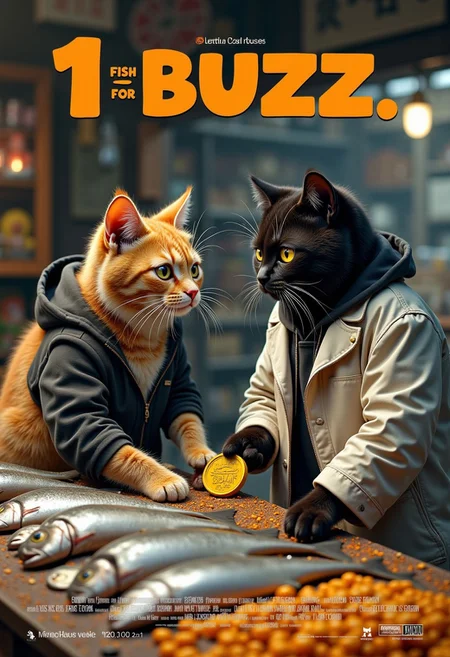 a realistic picture,((((Display the text " 1 fish for buzz, " on top a movie poster))))
Movie poster of fish transaction between orange cat and black cats, ((orange cats wearing pants and military boots and wearing black hoodie, and the orange cats standing in front fish stall in market, the black cat wearing white casual suit, buy fish in his stall the black cat hand offer BUZZ COIN,( the usual stacks of cash Instead, the shelves are lined with small, neatly arranged coins, each shaped like a tiny, stylized orange lightning bolt. The coins are labeled as "Buzz." )) to a fishmonger cat, 8k, ultra detailed, at the market, <lora:cashbaba:0.6> <lora:xl_more_art-full_v1:0.5> I background: traditional fish market ,his two paws are grasping onto a bright yellow buzz coin,that is almost his size as he is trying to drag it off the counter top, logo:1.9 <lora:Harrlogos_v2.0:1.9>, (full body shots),
