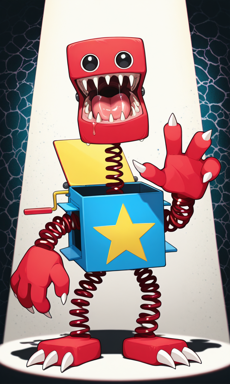 boxy_boo, spring limbs, spring neck, no humans, masterpiece, absurdres, best quality, intricate detail, 
1boy, solo, jack-in-the-box, bolt (hardware), hinge, blue box body, box torso, open lid, red head, red hands, red feet, star \(symbol\), red coils, open mouth, sharp teeth, tongue, saliva, black eyes, narrowed eyes, eyelids, half-closed eyes, smile, looking at viewer, standing, 4 fingers, fewer digits, toe claws, finger claws, hand up, standing, full body, 
BREAK 
psychedelic background, abstract background, rainbow, horror (theme), spotlight, shadow,
score_9, score_8_up, score_7_up, score_6_up,