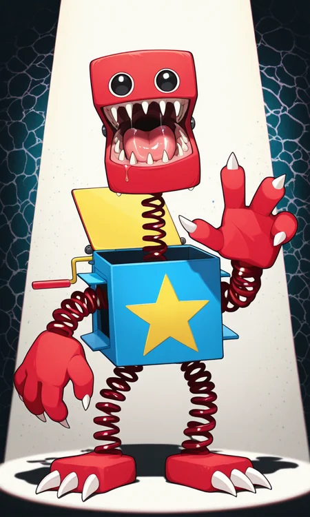 boxy_boo, spring limbs, spring neck, no humans, masterpiece, absurdres, best quality, intricate detail, 
1boy, solo, jack-in-the-box, bolt (hardware), hinge, blue box body, box torso, open lid, red head, red hands, red feet, star \(symbol\), red coils, open mouth, sharp teeth, tongue, saliva, black eyes, narrowed eyes, eyelids, half-closed eyes, smile, looking at viewer, standing, 4 fingers, fewer digits, toe claws, finger claws, hand up, standing, full body, 
BREAK 
psychedelic background, abstract background, rainbow, horror (theme), spotlight, shadow,
score_9, score_8_up, score_7_up, score_6_up,