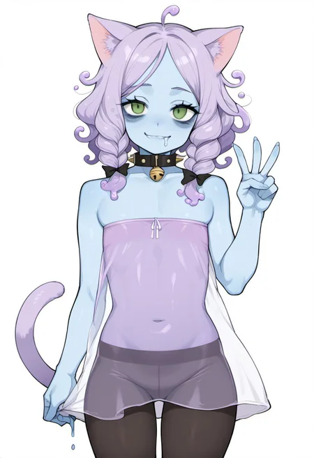 score_9, score_8_up, score_7_up, score_6_up, 1girl, solo, source_anime, blue skin, drooling, translucent body, transparent body, messy hair, braided bangs, bags under eyes, cat ears, cat tail, slime hair, slime girl, spiked collar, light lavender minidress, pantyhose, hair ribbon, simple background, white background, looking at viewer, naughty smile, cowboy shot, v, flat chest, plump, curly hair, medium hair, braided hair, green eyes