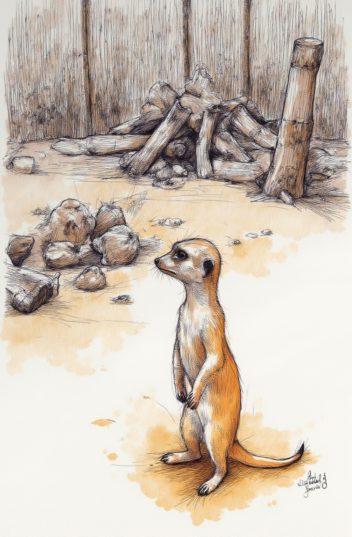 Sharp image of a rough sketch, rendered in vibrant multi colour ballpoint pen, capturing the adorable features of a meerkat standing on its hind legs on a sandy ground. It is facing towards the right side of the image and appears to be looking off into the distance. The background is blurred, but it seems to be an outdoor enclosure with a wooden fence and a pile of driftwood. There are also a few tree trunks and branches scattered around the enclosure.  p3nsk, <lora:p3nsk:1>