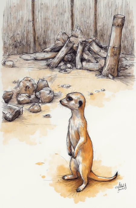 Sharp image of a rough sketch, rendered in vibrant multi colour ballpoint pen, capturing the adorable features of a meerkat standing on its hind legs on a sandy ground. It is facing towards the right side of the image and appears to be looking off into the distance. The background is blurred, but it seems to be an outdoor enclosure with a wooden fence and a pile of driftwood. There are also a few tree trunks and branches scattered around the enclosure. p3nsk, <lora:p3nsk:1>