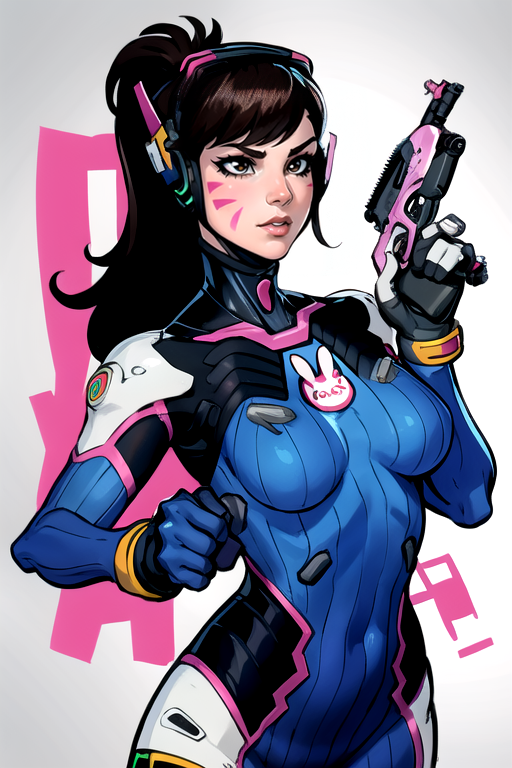 masterpiece,best quality,<lora:dva:0.8>,dva,1girl,solo,long hair,breasts,bangs,brown hair,black hair,gloves,holding,upper body,ponytail,weapon,holding weapon,lips,gun,bodysuit,night,swept bangs,headphones,facial mark,animal print,holding gun,skin tight,handgun,pilot suit,whisker markings,facepaint,shoulder pads,charm (object),blue bodysuit,finger on trigger,bunny print,