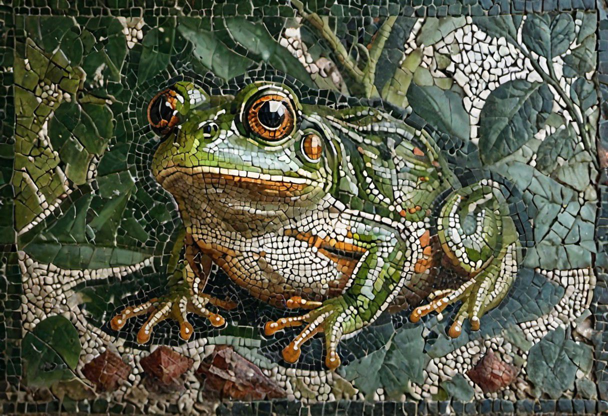 cinematic photo mosaic of a   Frog <lora:Roman_Mosaic:0.8>, 35mm photograph, film, bokeh,  professional, 4k, highly detailed