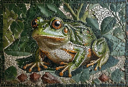 cinematic photo mosaic of a Frog <lora:Roman_Mosaic:0.8>, 35mm photograph, film, bokeh, professional, 4k, highly detailed