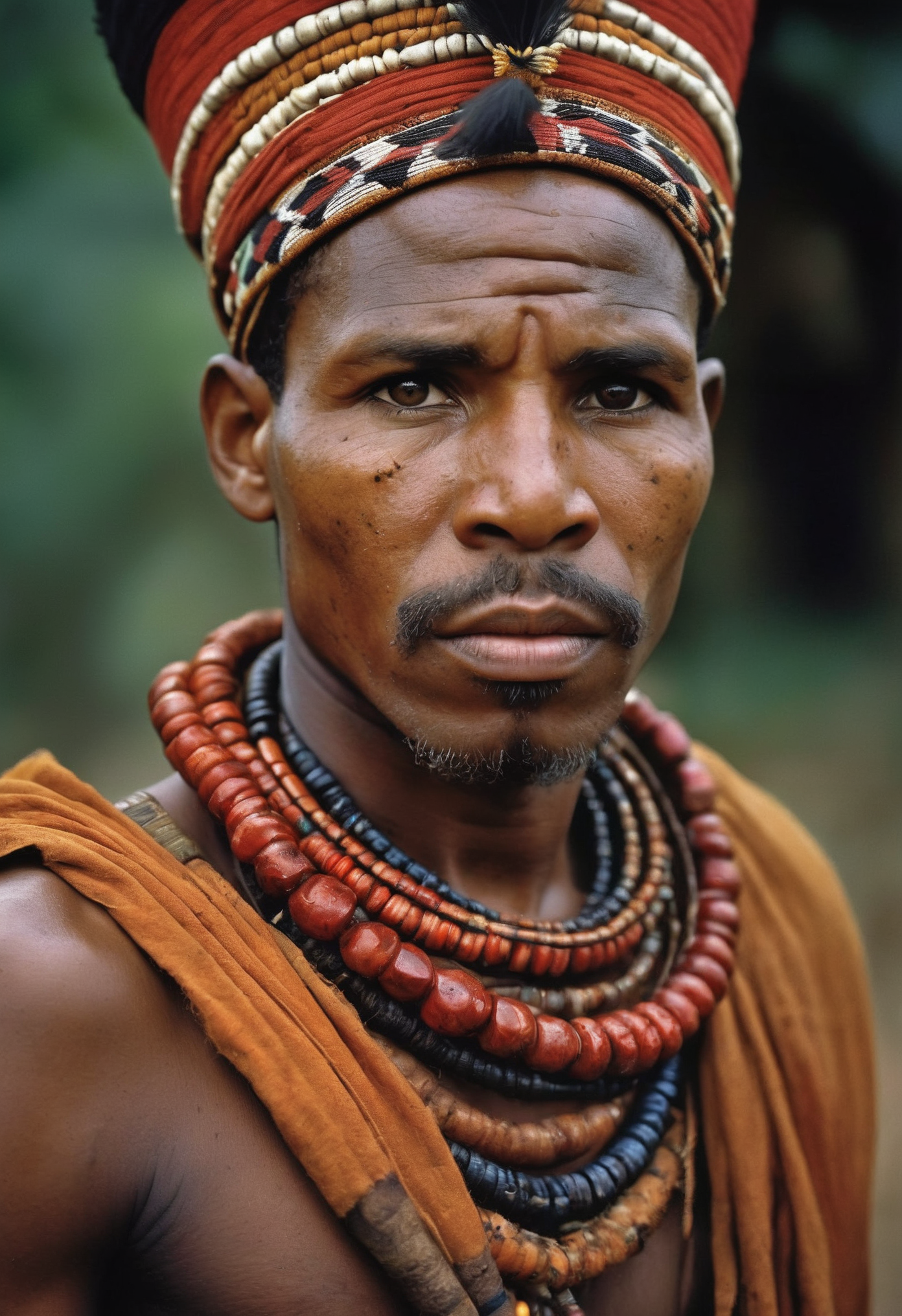 Photograph, Steve McCurry's portraits, vivid cultural portraits, rich colors and emotional depth, a zulu warrior, detailed skin with visible pores, shot on location in natural light, 8k, hdr, masterpiece