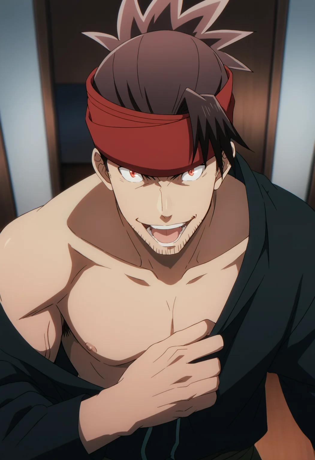 1boy, rex_eminenceinshadow, brown hair, slicked back hair, ((top knot)), red headband, red eyes, stubble, black shirt,veiny arms, score_7_up, score_6_up, score_8_up, score_9, ((anime color)), looking at viewer, detailed eyes, 8k uhd, high quality, medieval, room, smile, front view, kneel,from above, top down view, open shirt, open mouth, tongue out, chest, pull off clothes, bare shoulder, armpit hair, nipple
