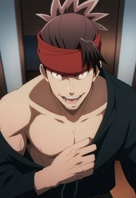 1boy,  rex_eminenceinshadow, brown hair, slicked back hair, ((top knot)), red headband, red eyes, stubble, black shirt,veiny arms, score_7_up, score_6_up, score_8_up, score_9, ((anime color)), looking at viewer, detailed eyes, 8k uhd, high quality, medieval, room, smile, front view, kneel,from above, top down view, open shirt, open mouth, tongue out, chest, pull off clothes, bare shoulder, armpit hair, nipple