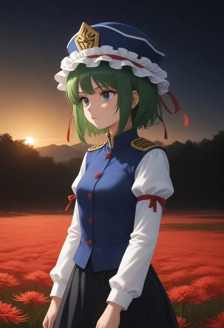 1girl, solo, solo focus, highres, absurdres, shikieiki, green hair, frilled hat, blue eyes, blue headwear, short hair,
long sleeves, black skirt, white shirt, blue vest, red ribbon, epaulettes, small breasts, arm ribbon, buttons,
looking afar,
red spider lily, flower field, night, night sky, red sky, backlighting,