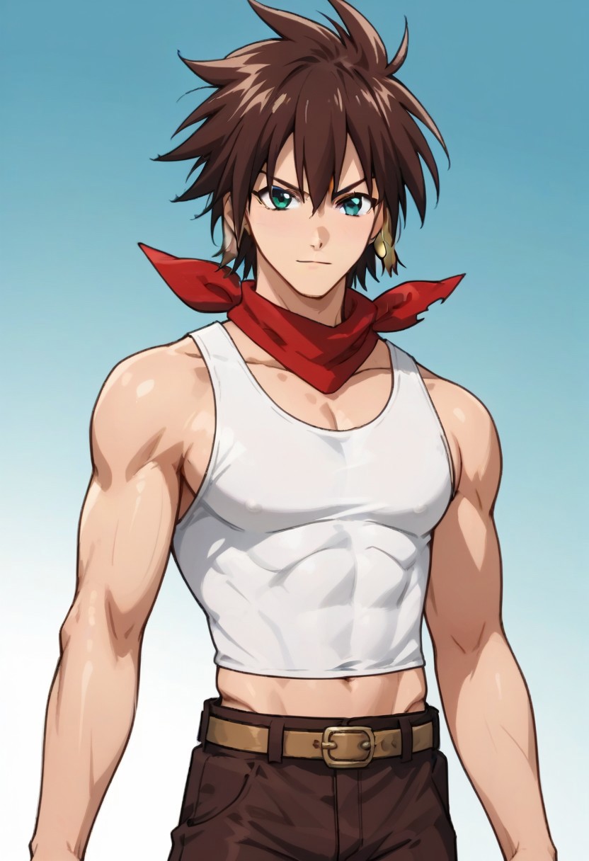 ((masterpiece)), ((best quality)), ((ultra-detailed)), score_9_up, score_8_up, score_7_up, HD, top quality, best quality, High-quality illustrations, anime screencap, perfect anatomy, 1male, 1boy, solo male, male focus, anime, anime boy, male anime character, handsome, attractive, cute, tall, tall body, tall height, ((tall body, tall height, slim body, slender body)), Momou Inugami, brown hair, spiky hair, blue right eye, green left eye, white tank top, neck red bandana, midriff, belt, brown pants, cowboy shot, head to hips shot, japanese riverbank background, Details extra++