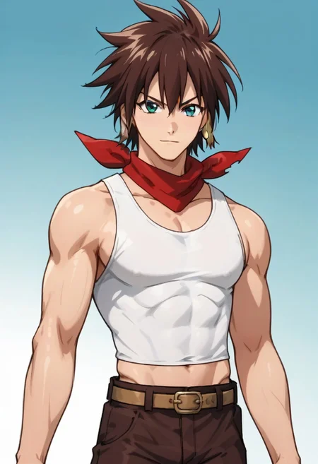 ((masterpiece)), ((best quality)), ((ultra-detailed)), score_9_up, score_8_up, score_7_up, HD, top quality, best quality, High-quality illustrations, anime screencap, perfect anatomy, 1male, 1boy, solo male, male focus, anime, anime boy, male anime character, handsome, attractive, cute, tall, tall body, tall height, ((tall body, tall height, slim body, slender body)), Momou Inugami, brown hair, spiky hair, blue right eye, green left eye, white tank top, neck red bandana, midriff, belt, brown pants, cowboy shot, head to hips shot, japanese riverbank background, Details extra++