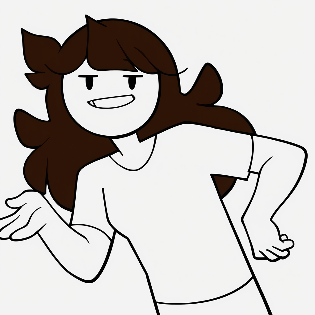 score_9,score_8_up,score_7_up,score_6_up, monochrome, flat color, <lora:Jaiden_Pony-000011:1> , jaiden, 1girl, long hair, bangs, brown hair, white shirt, short sleeves, blunt bangs, solid oval eyes, no nose, looking at viewer, smile, white skin,