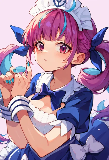 score_9, score_8_up, score_7_up, uncensored, source_anime, 1girl, <lora:spminatoAquaXLPony:1> aqua1st, hair ribbon, maid headdress, blue dress, puffy short sleeves, blue bow, anchor symbol, wrist cuffs, blue ribbon, maid, blue bowtie, frilled dress, blue nail polish, blue nails, dress bow, anchor print