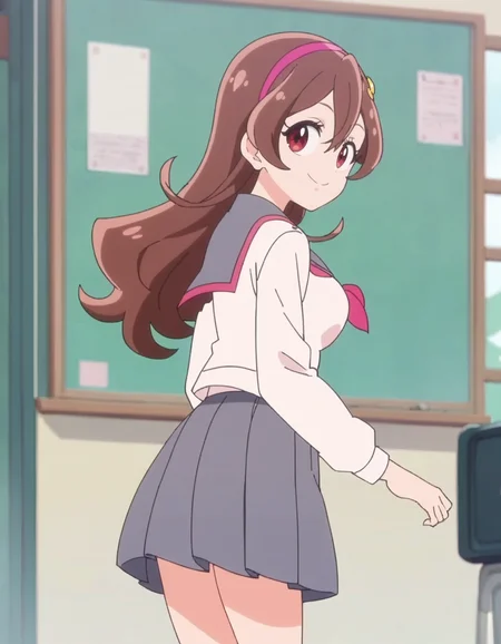 score_9, score_8_up, score_7_up, anime screencap, solo,1girl,sakurauta,school uniform, smile,gray skirt, pink hairband, sailor collar,looking at viewer,cowboy shot,medium breasts,from behind<lora:sakurauta_pony_v2:0.8>