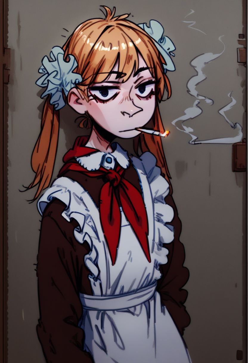 score_9, score_8_up, score_7_up, Soviet Schoolgirl Uniform, frilled apron, frilled hair scrunchie, red neckerchief, look at the viewer, expressionless, cigarette in mouth, leaning against the wall, smr03, pointy nose