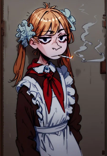 score_9, score_8_up, score_7_up, Soviet Schoolgirl Uniform, frilled apron, frilled hair scrunchie, red neckerchief, look at the viewer, expressionless, cigarette in mouth, leaning against the wall, smr03, pointy nose
