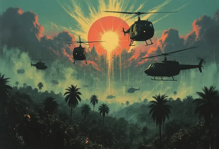 A surreal and eerie atmosphere engulfs the scene as numerous military helicopters hover like ghostly sentinels against a twisted, dreamlike sky. The view is tilted at a dramatic Dutch angle, heightening the unease, with a chaotic diagonal composition that makes the helicopters appear as if they are piercing through an unstable reality. Their dark, distorted silhouettes slice through the swirling hues of the sky, some appearing frozen in time, others warped as if dissolving into the void.The sky is a chaotic blend of unnatural colors—deep cyan and violet clouds slash through a burning, toxic gold and crimson glow, creating a disorienting visual storm. The sun, a warped, pulsating mass of hot energy, radiates an overwhelming intensity, its glow smearing across the sky like an overexposed nightmare.Below, the jungle sprawls in chaotic asymmetry, its palm trees bent at unnatural angles, barely visible through the creeping mist that coils around the earth like ghostly tendrils. The dense foliage is bathed in eerie, flickering shades of green and teal, while deep shadows shift unnaturally, stretching and warping. Smoke and dust rise in spectral wisps, carrying unseen whispers through the oppressive air.Light particles shimmer in the choking haze, erratic and unpredictable, like lost souls searching for an escape. A presence lingers—an unseen force lurking beneath the roar of distant rotor blades, as if reality itself is unraveling before the viewer's eyes.best quality, masterpiece