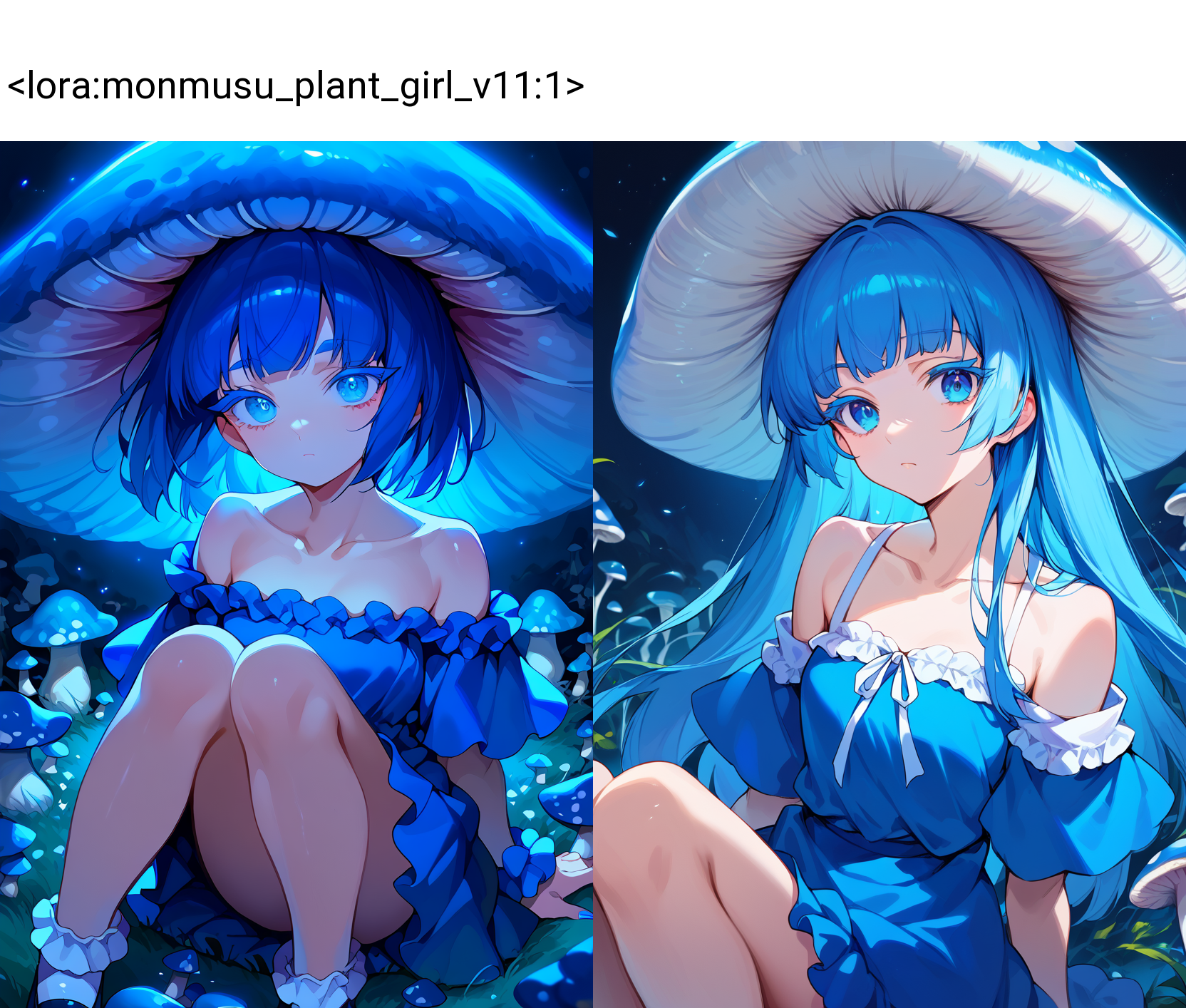 score_9, score_8_up, score_7_up, score_6_up, source anime,
mushroom girl, 1girl, bare shoulders, blue theme, blue nails, jirai kei, colored eyelashes,
blue eyes, looking at viewer, closed mouth,
collarbone, facing viewer, light particles, mushroom, mushroom hat, personification, solo,
close-up, knees up, mary janes,
<lora:monmusu_plant_girl_v11:1>
