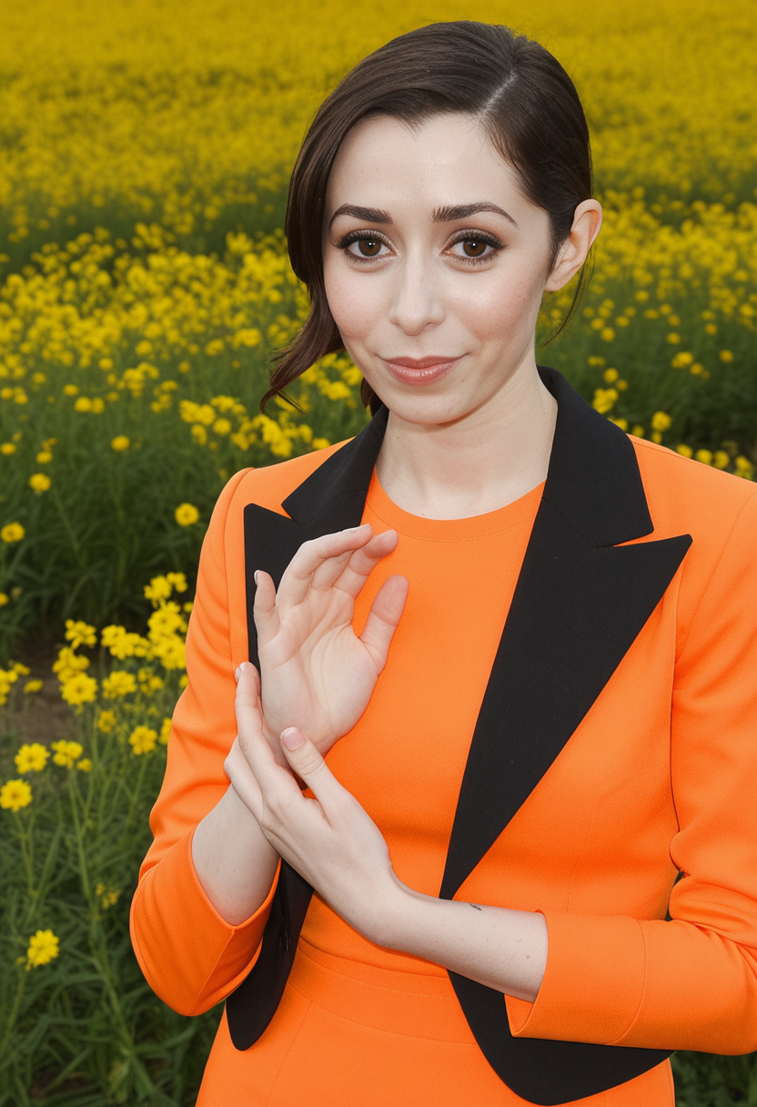 <lora:Cristin Milioti v1 bigLust_v16 TaR:1> cristin milioti, makeup, eyeliner, smile, orange sweater,formal,blazer,midi skirt, yellow flower field,hands on heart, showing sincerity,photo by Tim Walker, blurry background
<lora:dmd2_sdxl_4step_lora_fp16:1>