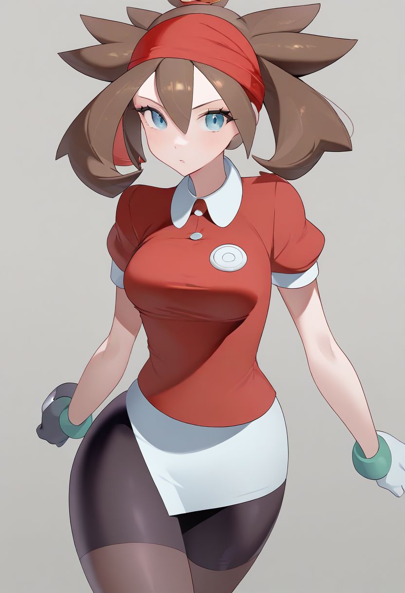 1girl, May(/pokemon)/,(ultra HD quality details), brown hair, blue eyes, brown hair, long hair, twintails, hair between eyes, red bandana,
bike shorts, collared shirt, gloves, microskirt, multicolored shirt, pencil skirt, red shirt, shirt, short sleeves, skirt, white skirt,
looking at viewer, minimalism, chromatic aberration aesthetic, beautiful color, (amazing quality:1.5),