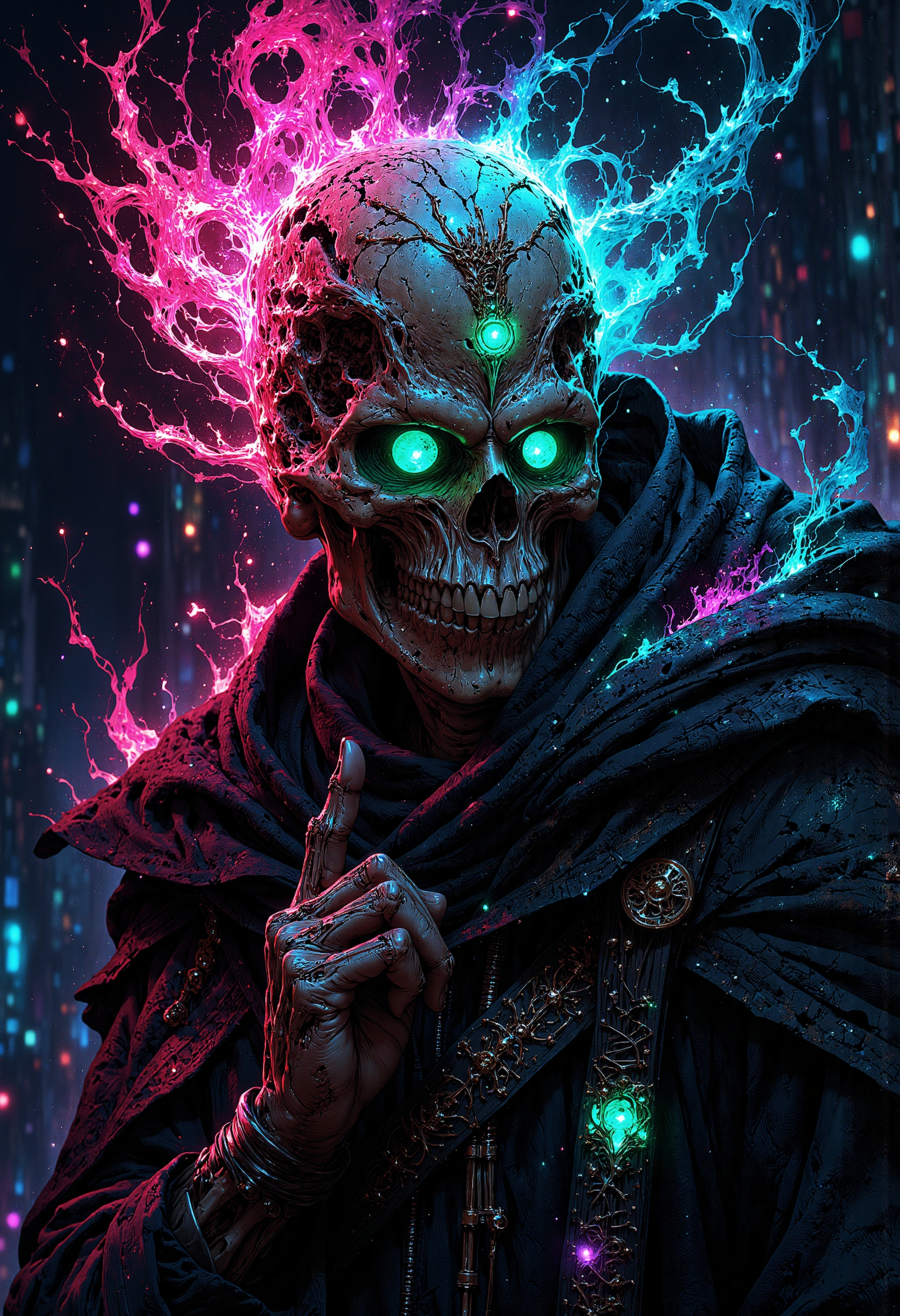 An ultra-realistic, cinematic scene of a translucent Neon Pink, Blue, and Green hues, cinematic lighting, insane details, hyperrealistic extreme close-up macro photography, 64-megapixel DSLR. A vibrant, action-packed anime scene in a sketch-like style with thick, bold lines. The focus is a close-up of a charming skeleton necromancer’s skull, engraved with glowing neon symbols that blend medieval magic and futuristic sci-fi. His hollow eye sockets blaze with neon-turqoise-green flames, while his cracked bone structure reflects the neon hues of the environment. High collar Military parka, thumb-up pose, Small, illuminated circular lights float around his skull, giving him an ethereal, mysterious aura. The glowing runes on his bones pulse with energy, radiating a dark power. Atmospheric haze surrounds the scene, heightening the contrast between the deep blacks of the background and the vibrant neon lights. The intense aura swirling around him feels ready to explode with necromantic energy, creating a striking visual of raw emotion and supernatural power in this eerie, sci-fi fantasy setting.
photography, high-resolution, dynamic, energetic,hyper-realistic, dramatic lighting, shallow depth of field.),High Detail, Perfect Composition, realistic photographic image, interesting backlighting