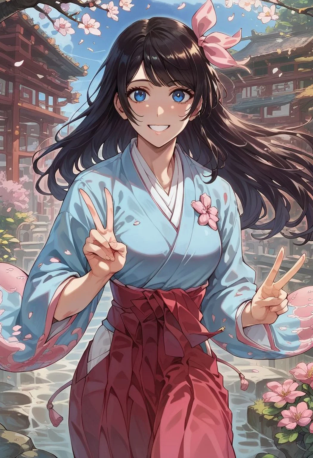 score_9, score_8_up, score_7_up, score_6_up, score_5_up, score_4_up, sexy girl, detailed face, sexy,
Expressiveh, Sakura_Amamiya,black_hair,Blue_eyes,blue_kimono,hair_ribbon,pink_hakama,japanese_clothes, solo, solo female, garden, frontal view, looking at viewer, smile, V, happy,