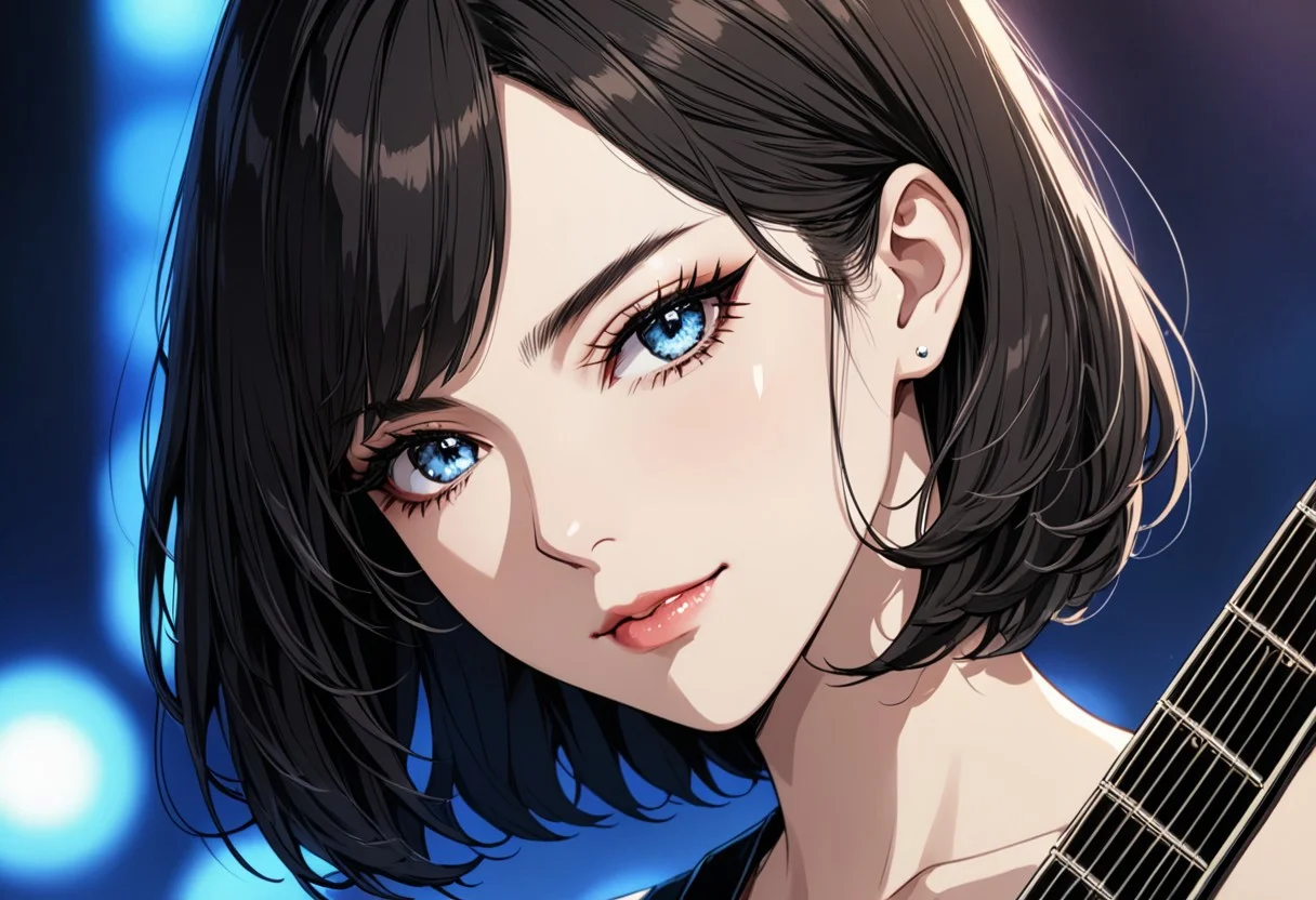 gorgeous lips, cinematic, (masterpiece), (best quality), (ultra-detailed), very aesthetic, illustration, perfect composition, intricate details, absurdres, detailed face, (anime, masterpiece, intricate:1.3), (best quality, hires textures, high detail:1.2), (4k),(incredibly detailed:1.4) (beautiful detailed face, beautiful detailed eyes)
villain, 1woman, arrogant smile
high pointed nose, (nostrils:1.3), black hair, bob hair, blurry, 22-year-old woman, pale skin, evil smile
plays electric guitar, stage, sings