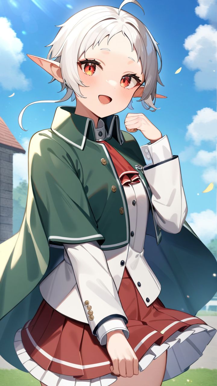 <lora:Mushoku_Tensei XL2:1>,1girl,solo,outdoors,cowboy shot,looking at viewer,falling petals,hand up,smile,closed mouth,red skirt,white jacket,cropped jacket,frilled skirt,white shirt,pleated skirt,long sleeves,high quality,cloud,day,blue sky,ascot,flower,green cloak),elf,(white hair),(short hair),(school uniform),(open mouth),looking at viewer,sylphiette,, masterpiece,best quality,very aesthetic,absurdres