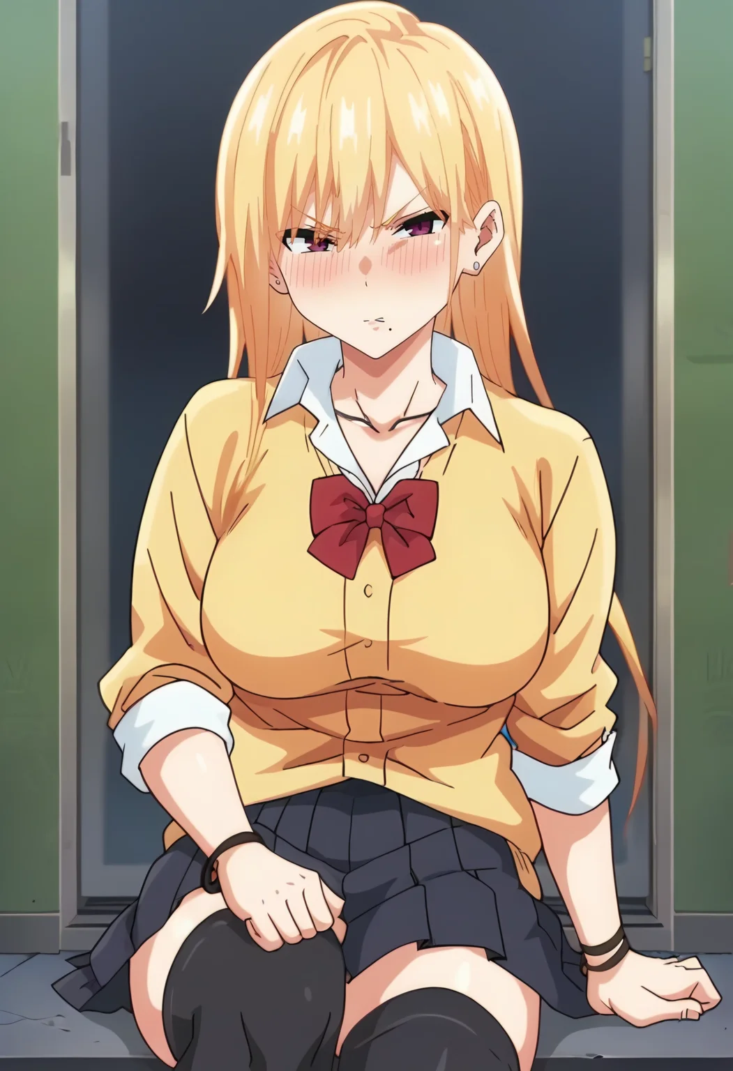 <lora:Haruka :0.9>Haruka, 1girl, blonde hair, jewelry, blush, earrings, looking at viewer, long hair,solo, purple eyes, large breasts, mole under mouth, v-shaped eyebrows, school uniform, yellow cardigan, red bow, mole,white shirt, collared shirt, red bowtie, skirt, bracelet, black thighhighs, score_9, score_7_up,anime coloring ,source_anime, anime, anime screencap