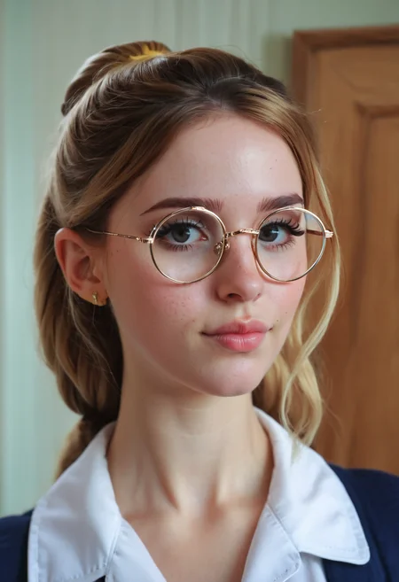lcas artstyle, (indistinguishable from reality:1.4), 1girl, A beautiful (Belle Delphine:0.99) psychiatrist, 1986, (detailed facial features), (freckles:0.2), (acne:0.1), PAWG, aviator glasses, flirty, smirk, classy, Nikon FM2, 35mm SLR, high quality, masterpiece, 8k, <lora:DiscoDeliriumXL-v1.2:1>,