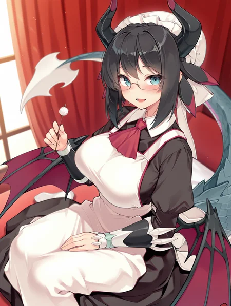 house dragonmaid, 1girl, black under-rim eyewear, solo, large breasts, dragon wings, looking at viewer, black maid dress, red ascot, sitting, smile, open mouth, mimikaki, holding mimikaki, blush, indoors, red curtains, silver vambraces, white mob cap, from above,
masterpiece,best quality,amazing quality,very aesthetic,absurdres,newest,<lora:House dragonmaid illuXL v1:0.75>,