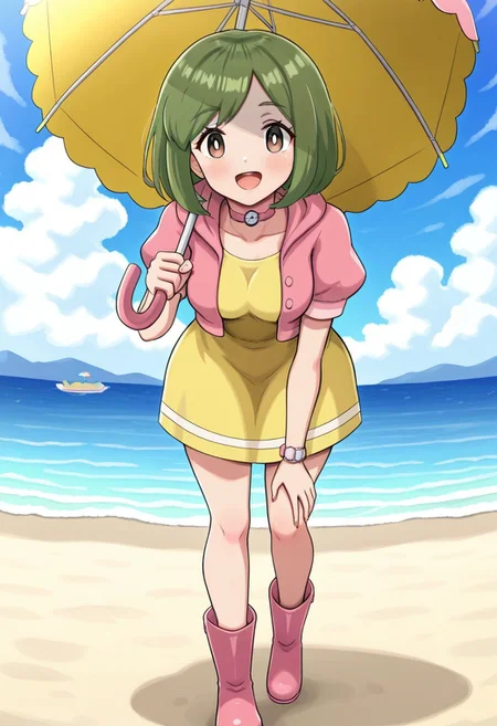 hinosaki, [[pokemoa, gonzarez]], 2d, masterpiece, best quality, amazing quality, 1girl, solo, close-up, standing, open mouth, full body, smile, looking at viewer, colorful background,walking, day, beach, sand, sea, sky, clouds, sunny day, leaning forward, masterpiece, best quality, amazing quality, highres, absurdres, newest, parasolbdsp, green hair, short hair, bangs, brown eyes, white pupils, choker,  yellow dress, pink jacket, open jacket, puffy short sleeves, rubber boots, pink footwear, holding umbrella, parasol