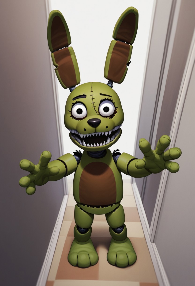 score_9, score_8_up, score_7_up, solo male, from above, high-angle view, pov, PlushtrapFNAF, rabbit ears, scut tail, teeth, sharp teeth, wear and tear, green skin, petite, barefoot, 4 fingers, perfect hands, (large head:1.1), shortstack, small body, sharp teeth, fuzzy, plush body, seam \(sewing\), stitch \(sewing\), animatronic, glowing eyes, crooked whiskers, ragged, withered, 
masterpiece, detailed face, looking at viewer, smile, open mouth, nervous, knock-kneed, cocked head, zPDXL3, dark hallway, inside, nighttime, raised arms, hands up, reaching towards viewer, hallway, carpet, chair, standing, living plushie, shadowy, detailed background, 3 toes, dutch angle,