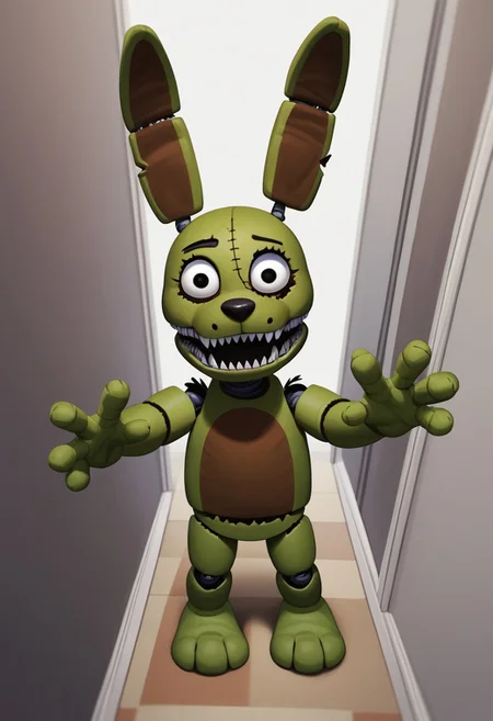 score_9, score_8_up, score_7_up, solo male, from above, high-angle view, pov, PlushtrapFNAF, rabbit ears, scut tail, teeth, sharp teeth, wear and tear, green skin, petite, barefoot, 4 fingers, perfect hands, (large head:1.1), shortstack, small body, sharp teeth, fuzzy, plush body, seam \(sewing\), stitch \(sewing\), animatronic, glowing eyes, crooked whiskers, ragged, withered,
masterpiece, detailed face, looking at viewer, smile, open mouth, nervous, knock-kneed, cocked head, zPDXL3, dark hallway, inside, nighttime, raised arms, hands up, reaching towards viewer, hallway, carpet, chair, standing, living plushie, shadowy, detailed background, 3 toes, dutch angle,