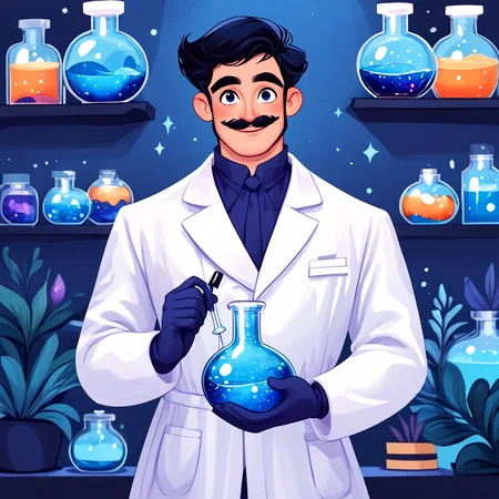 Score_9, score_8_up, score_7_up, score_6_up, BREAK <lora:Flat_Cartoon_IllustrationPony:1> ArsMJStyle, Flat Cartoon Illustration, The image shows a man in a lab coat holding a beaker filled with blue liquid surrounded by plants and stars in a blue background., solo, 1boy, male focus, black hair, gloves, mustache, short hair, facial hair, long sleeves, smile