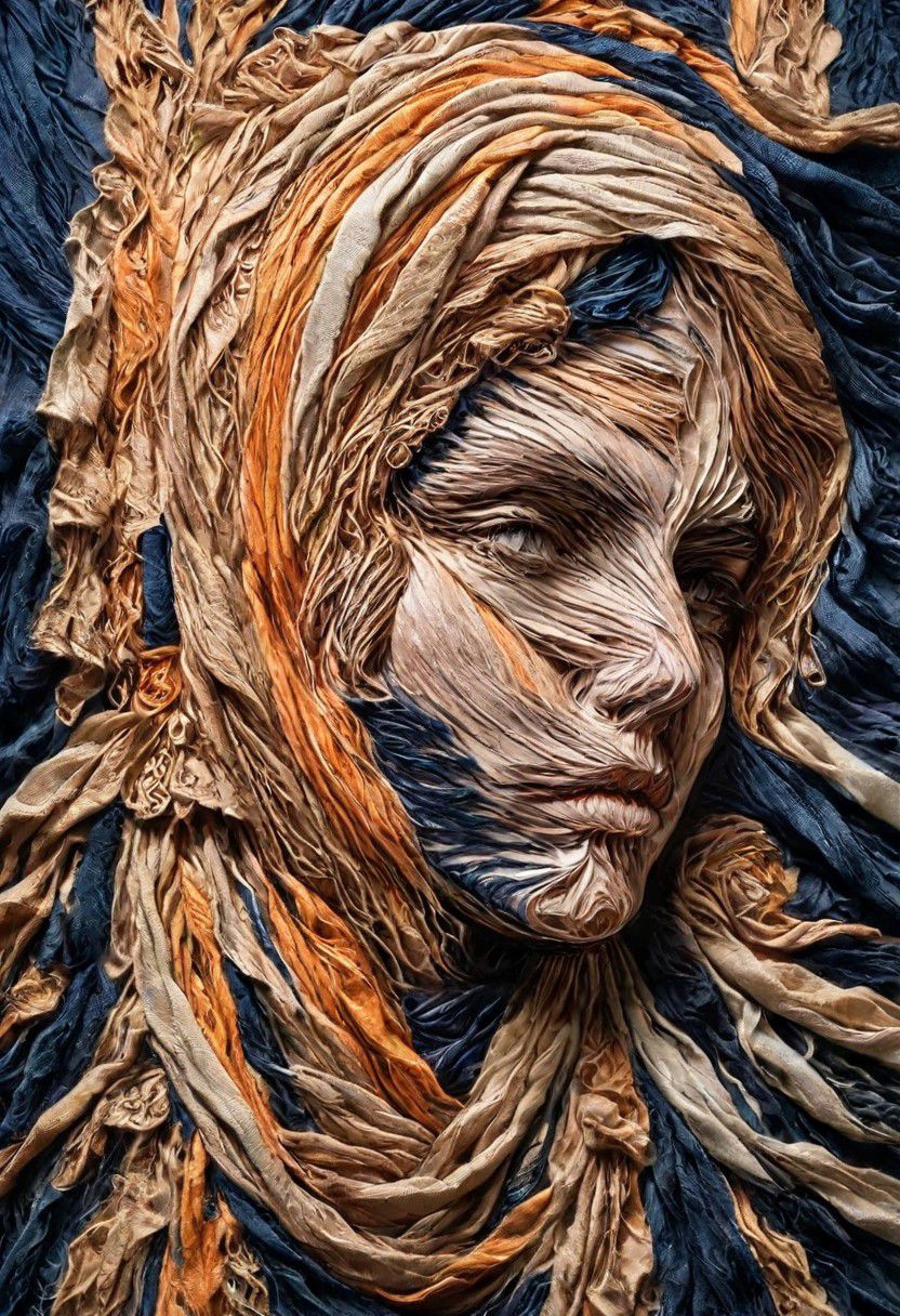 RAW closeup photo, beautiful young woman, macro shot,( dark blue, orange, gold,  embroidery scarf), masterpiece, colorful details, golden threads embroideries, award winning, high detailed, 8k, natural lighting, analog film, amazing composition, intricate details, subsurface scattering, vellus gold hairs, amazing textures, soft light