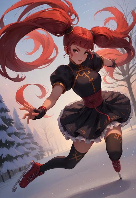 score_9, score_8_up, score_7_up, score_6_up, 
1girl, 25 years old, perfect face, (adult), sexy, close view, 
brown eyes,
red hair, very long hair, twintails, sidelocks, blunt bangs, floating hair,
pom pom (clothes), black kung fu dress, puffy short sleeves, black skirt, frilled skirt, 
black thighhighs, 
figure skating, ice skating, skating rink, ice skates, dynamic angle, dynamic pose, 
winter, trees,