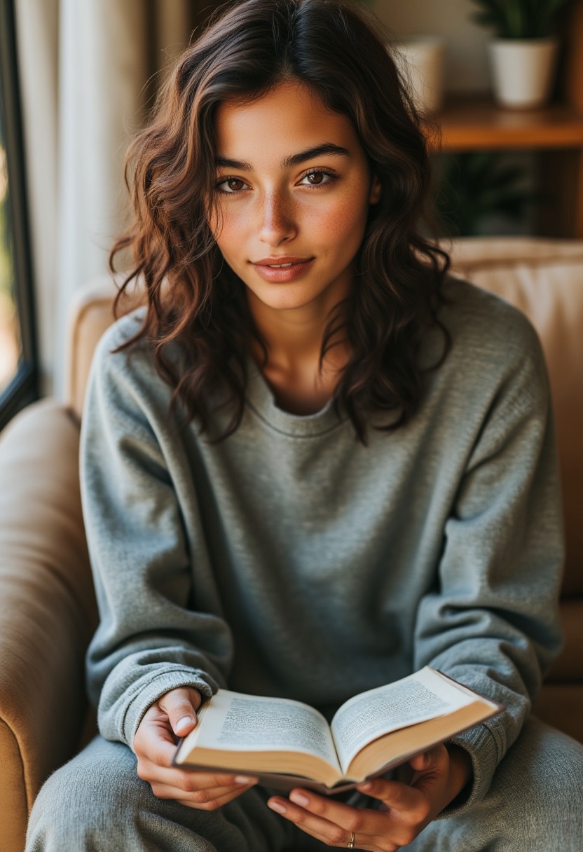 FictionalEsmeralda, tanned skin, shoulder length hair, brown hair, brown eyes, freckles.
Sitting on the couch in a grey sweater and baggy grey sweatpants with white socks. Reading a book. Concentrated look