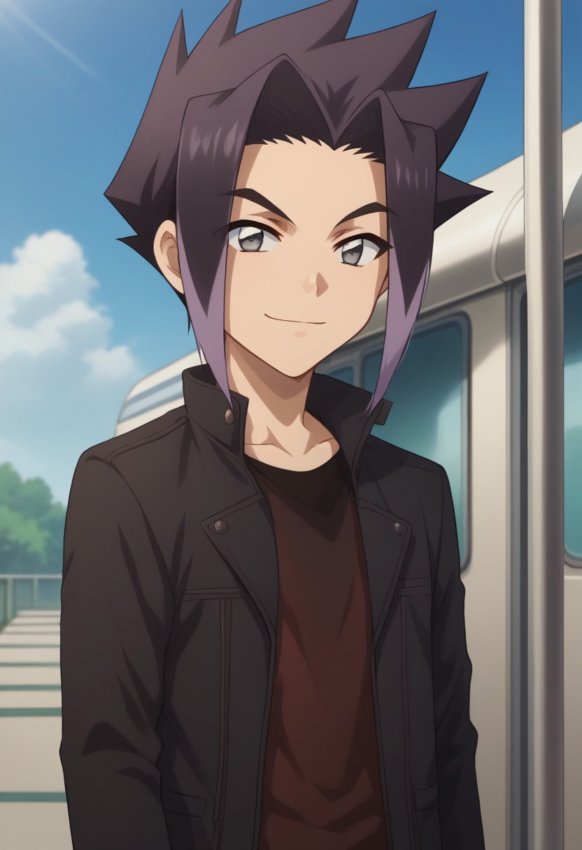 score_9, score_8_up, score_7_up, source_anime, highly detailed, 
akita, 1boy, male focus, solo, black hair, upper body, bangs, multicolored hair, purple hair, black shirt, grey eyes, jacket, black jacket, long sleeves, pants, upper body, smile,
outdoor, shinkansen, train, sky,