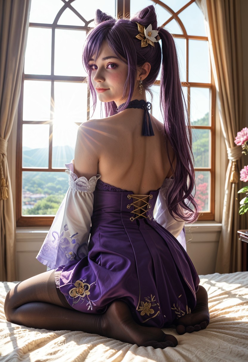 score_9, score_8_up, score_7_up, score_6_up, (highest quality), ((photorealistic:1.2)), SkinHairDetail, realistic, 8k uhd, HDR, dslr, Fujifilm XT3, (masterpiece:1.4), real life photo, blushing, shiny skin, cute pose, late afternoon light, god rays, volumetric lighting, vivid colours, 18 year old, small waist, asian, 
keqing, purple eyes, purple hair, long hair, twintails, cone hair bun, double bun, hair ornament, flower,
bare shoulders, black pantyhose, choker, detached sleeves, wide sleeves, earrings, frills, purple dress, skirt, purple gloves, tassel,
Lying, 1girl, on stomach, from behind, looking back, shy smile, blush, foot focus, full body, view from below
,
Indoor, window, curtains