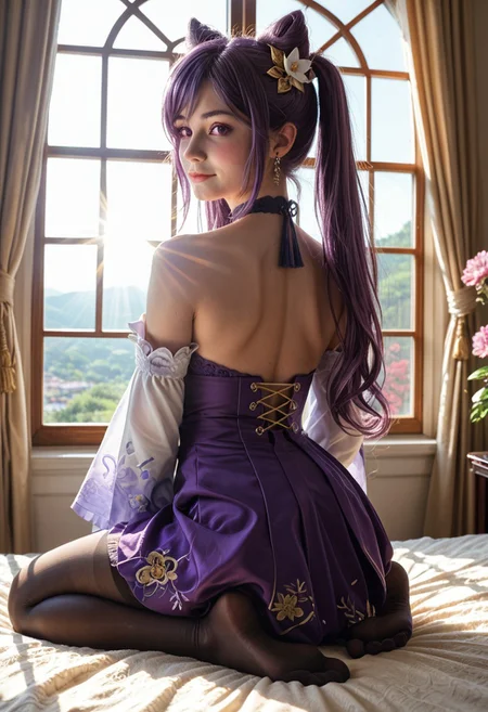 score_9, score_8_up, score_7_up, score_6_up, (highest quality), ((photorealistic:1.2)), SkinHairDetail, realistic, 8k uhd, HDR, dslr, Fujifilm XT3, (masterpiece:1.4), real life photo, blushing, shiny skin, cute pose, late afternoon light, god rays, volumetric lighting, vivid colours, 18 year old, small waist, asian,
keqing, purple eyes, purple hair, long hair, twintails, cone hair bun, double bun, hair ornament, flower,
bare shoulders, black pantyhose, choker, detached sleeves, wide sleeves, earrings, frills, purple dress, skirt, purple gloves, tassel,
Lying, 1girl, on stomach, from behind, looking back, shy smile, blush, foot focus, full body, view from below
,
Indoor, window, curtains