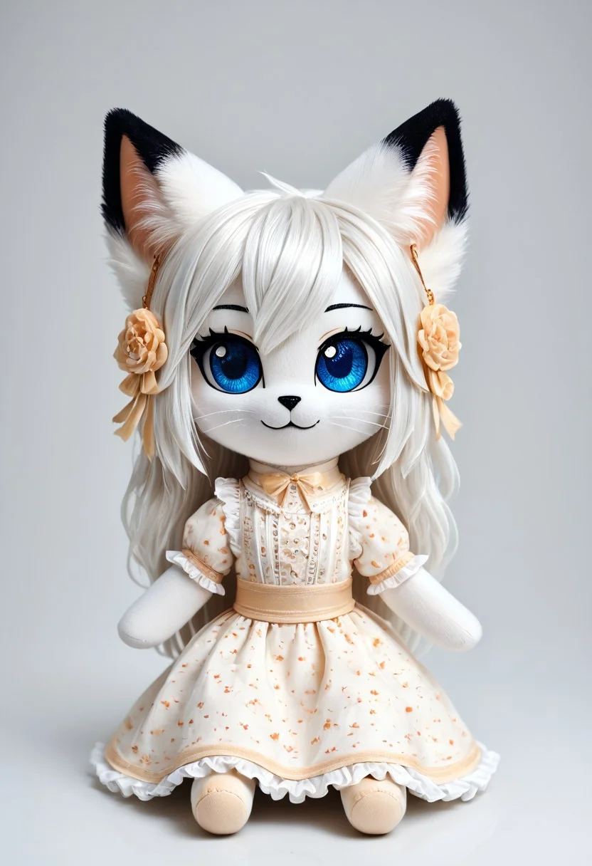 masterpiece, score_9_up, score_8_up, score_7_up, score_6_up, source_furry, (best quality:1.1), ultra-detailed, high resolution, solo, highly detailed macro illustration, solo, 1girl, Nikita, anthro cat, female, white fur, long white hair, hair over one eye. (beautiful blue eyes), long eyelashes, black eyebrows, black animal nose, whiskers, fluffy ears, fluff in ears, black ear tips, dress BREAK highly visible, sharp focus, anatomically correct BREAK fumo, fumos, plushie, cute, toys, dolls, toy, fumo style, Fumo plush doll, fumo \(doll\)