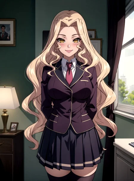 masterpiece, lots of detail, 4k, 8k, ((ultra-detailed)), highres, cinematic lighting, warm lighting, official artwork, hetero, cowboy shot, indoors, <lora:Saimin_Ryoujoku_Gakuen_Shirogane_Reika-10:0.7>, reikav1, 1girl, solo, female focus, very long hair, blonde hair, wavy hair, forehead, hair vents, yellow eyes, looking at viewer, smile, blush, sidelocks, school uniform, necktie, jacket, thighhighs, skirt, pleated skirt, hands behind back, large breasts,