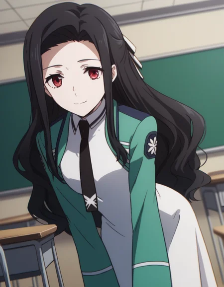score_9, score_8_up, score_7_up, source_anime,
mayumisaegusa, <lora:mayumi-saegusa-s2-ponyxl-lora-nochekaiser:1>,
mayumi saegusa, long hair, black hair, red eyes, ribbon, hair ribbon,
long sleeves, dress, school uniform, pantyhose, necktie, white dress, black necktie,
indoors, classroom, bent over, smile,
solo, dutch angle, looking at viewer, cowboy shot,