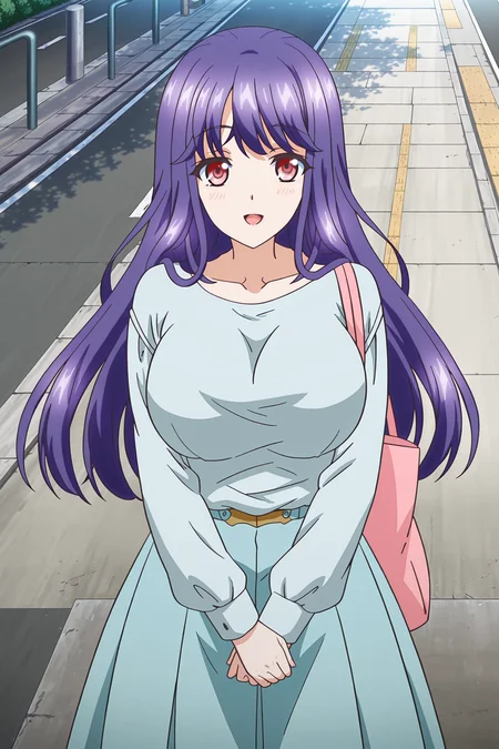 anime screencap, anime coloring, detailed face, masterpiece, best quality, very aesthetic, absurdres, volumetric lighting, official style, amazing quality, ultra detailed,  highres, amazing quality, scenery, beautiful detailed hair, beautiful detailed eyes, <lora:StS-Illustrious-Detail-Slider-v1.0:4>
 <lora:Touka_Tsudagawa_Fumika_Takayanagi_Kyouko_Sawai_and_Kyouko_Takayanagi_Mama_Katsu:1>
Kyouko Sawai (character), 1girl, solo, long hair, purple hair, red eyes, large breasts, bag, long blue skirt, road, open mouth, street, own hands together, outdoors
cowboy shot, looking at the viewer, smile