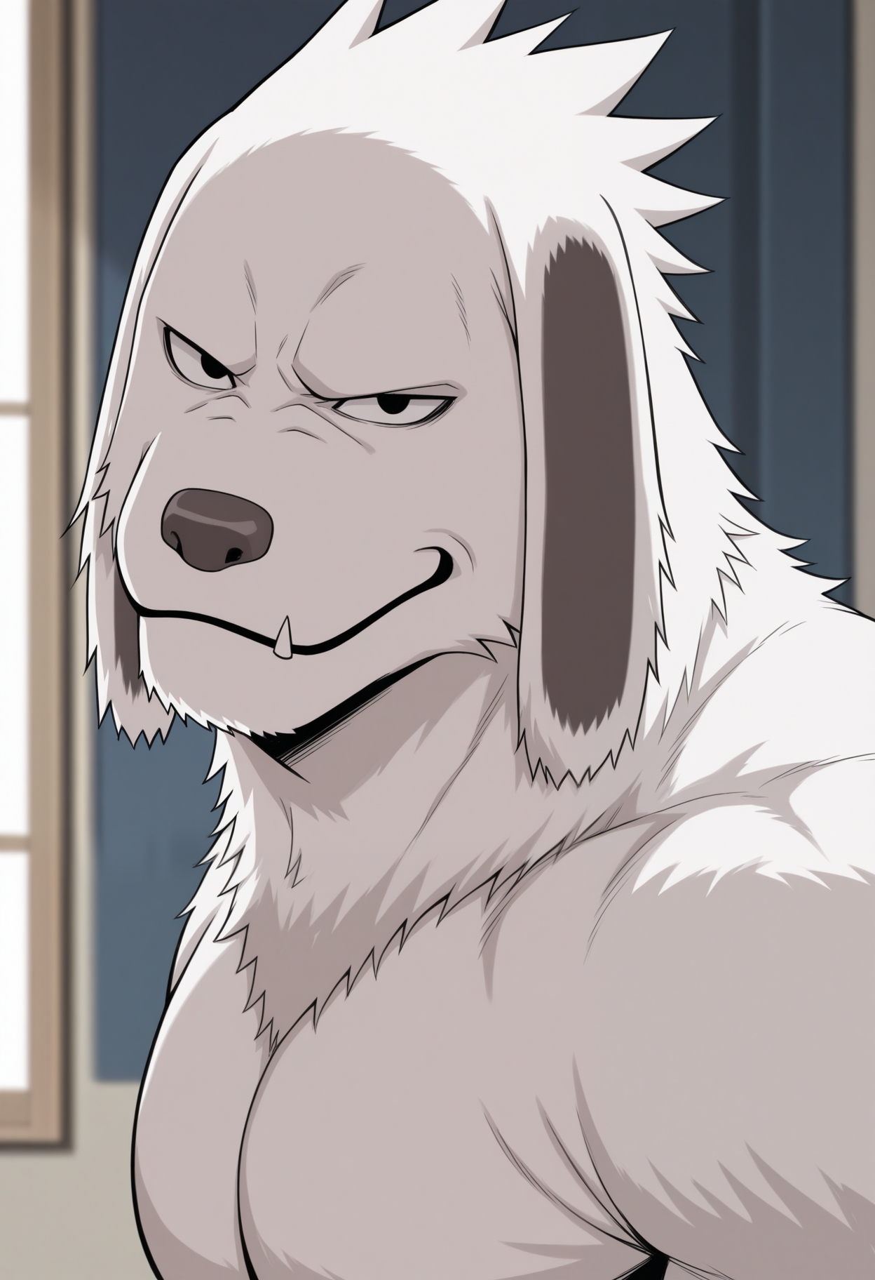 masterpiece,best quality,amazing quality, 1boy, solo, 4k4m4ru, dog, muscular male, white fur, black eyes, looking at viewer, male focus, smirk, close up, side angle,